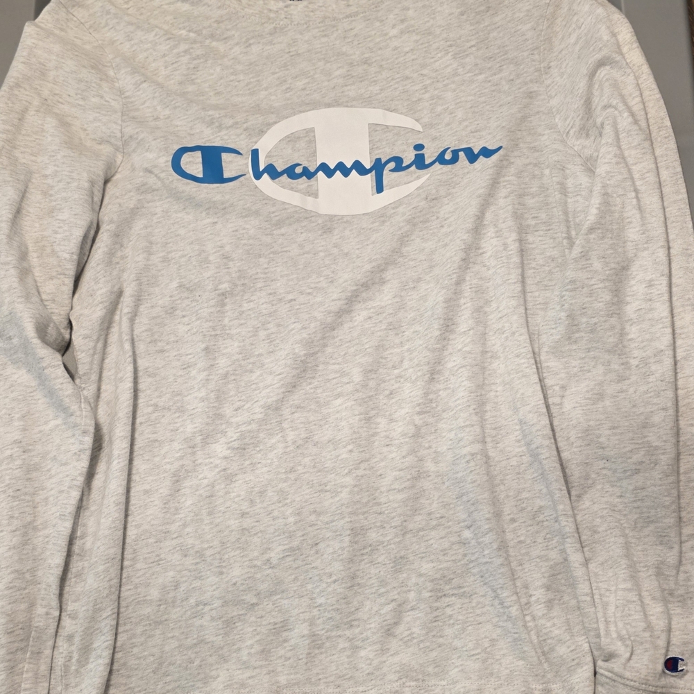 Champion Heather Gray Long Sleeve with Blue Logo